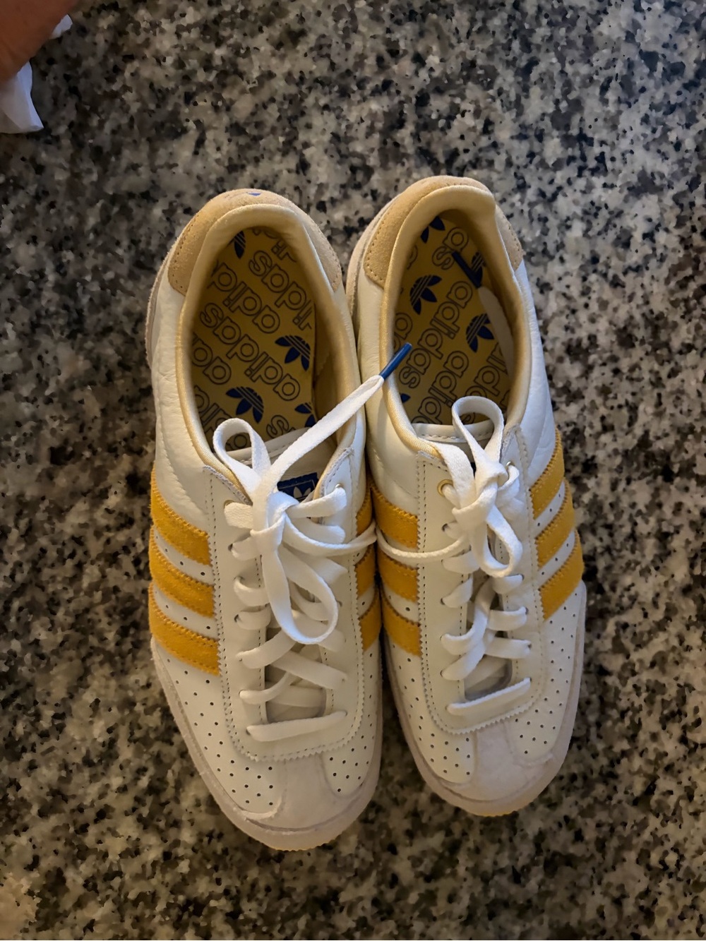 adidas White Sneakers with Yellow Stripes and Blue Insole Logo